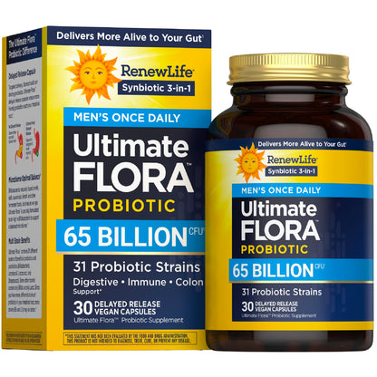 Renew Life Ultimate Flora Probiotics for Men 65 Billion CFU Delayed Release Vegan Capsules | Digestive Health | Immune Health | Dairy Free | 30 Count Renew Life