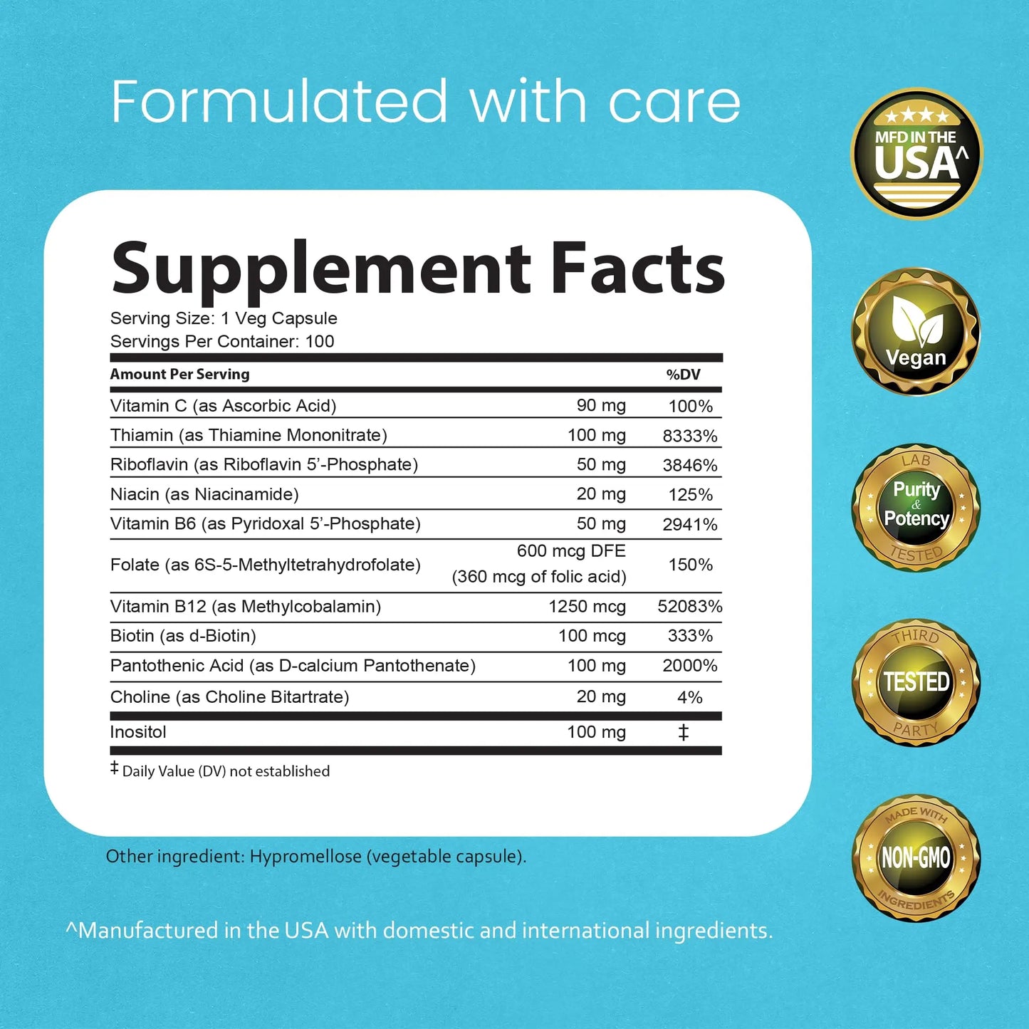 NaturaLife Labs Vitamin B Complex – All B Vitamins Including Active B2, B6, B9 & B12 (Methylcobalamin), Plus B1, B3, B5, B7 & Vitamin C – 100 Capsules NaturaLife Labs