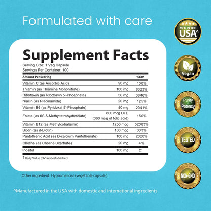 NaturaLife Labs Vitamin B Complex – All B Vitamins Including Active B2, B6, B9 & B12 (Methylcobalamin), Plus B1, B3, B5, B7 & Vitamin C – 100 Capsules NaturaLife Labs