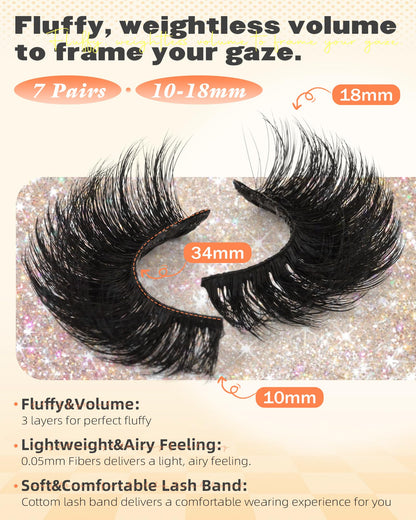 False Eyelashes Full Mink Lashes Long Eyelashes 200D Wispy Thick Russian Strip Lashes Cat Eye Volume Lash Strips D Curvature Dramatic 7 Pairs Fake Lash Extensions by Boahankuke Boahankuke