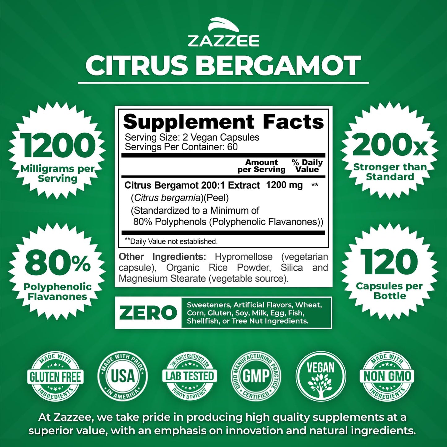 Zazzee Extra Strength Citrus Bergamot 200:1 Extract 1200 mg, 80% Polyphenols, 120 Vegan Capsules, Standardized 200X Potency Zazzee