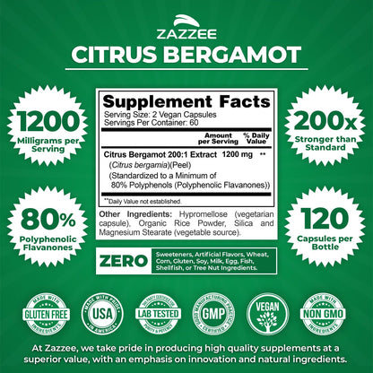 Zazzee Extra Strength Citrus Bergamot 200:1 Extract 1200 mg, 80% Polyphenols, 120 Vegan Capsules, Standardized 200X Potency Zazzee