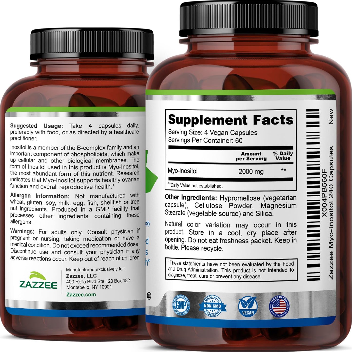 Zazzee Myo-Inositol Capsules, 2000 mg per Serving, 120 Vegan Capsules | Ideal Dosage for 40:1 Ratio, Certified Kosher, Hormone Balance & Healthy Ovarian Function Support, Non-GMO, Made in the USA Gsupps Australia