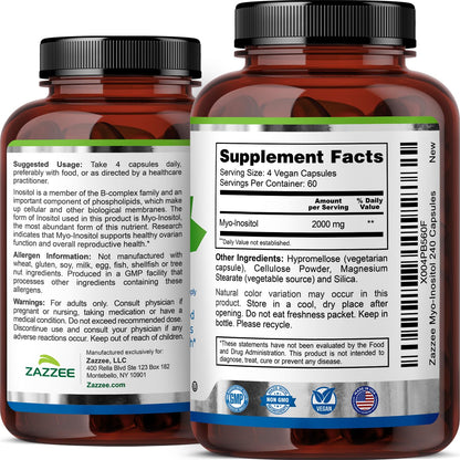 Zazzee Myo-Inositol Capsules, 2000 mg per Serving, 120 Vegan Capsules | Ideal Dosage for 40:1 Ratio, Certified Kosher, Hormone Balance & Healthy Ovarian Function Support, Non-GMO, Made in the USA Gsupps Australia
