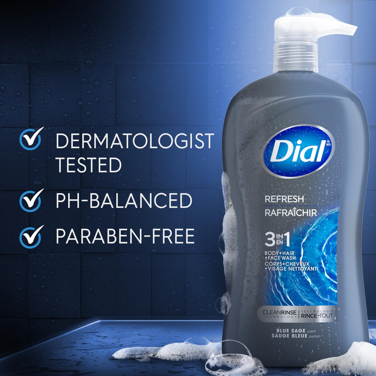 Dial Men 3 in 1 Body, Hair and Face Wash, Refresh, 32 Fl Oz, Blue Sage Scent, Cleanses Deep + Gentle on Skin with Clean Rinse Technology Dial