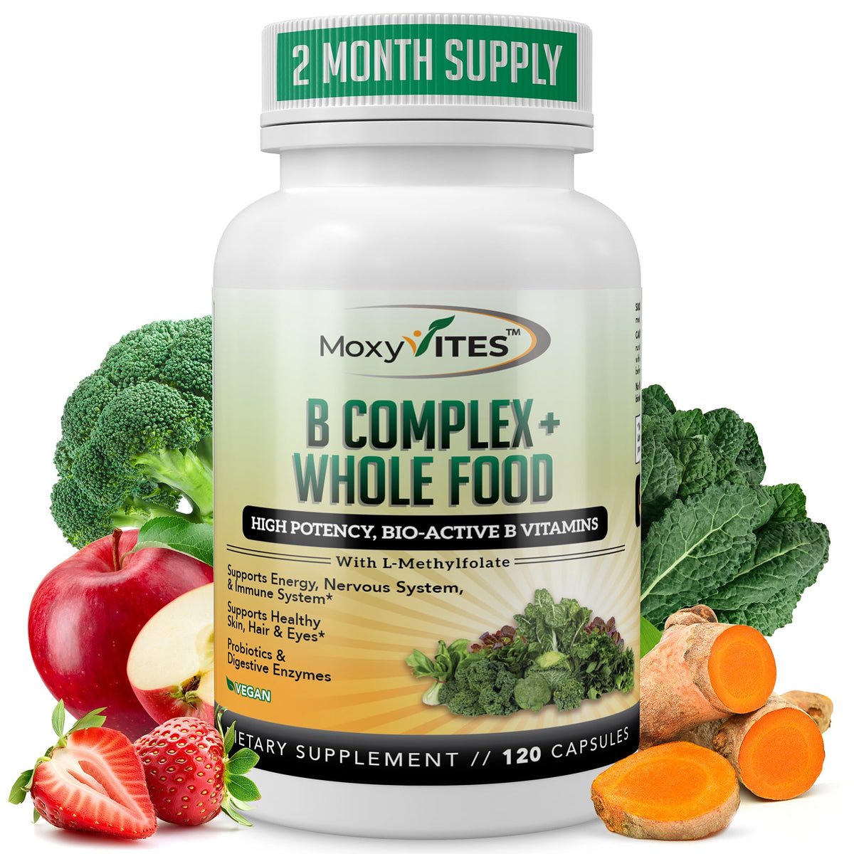 MoxyVites Vitamin B Complex - B Vitamins Whole Food Supplement, B12 Methylcobalamin, B1, B2, B3, B5, B6, B7, B9 - for Stress MoxyVites