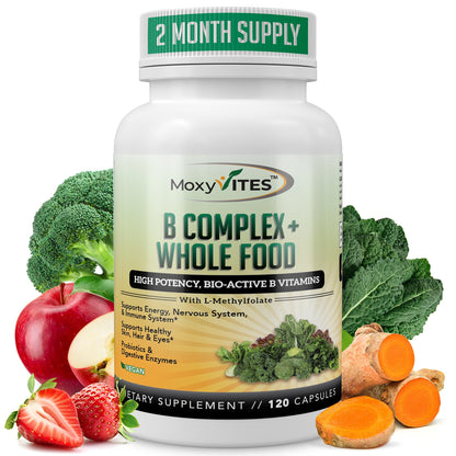 MoxyVites Vitamin B Complex - B Vitamins Whole Food Supplement, B12 Methylcobalamin, B1, B2, B3, B5, B6, B7, B9 - for Stress MoxyVites