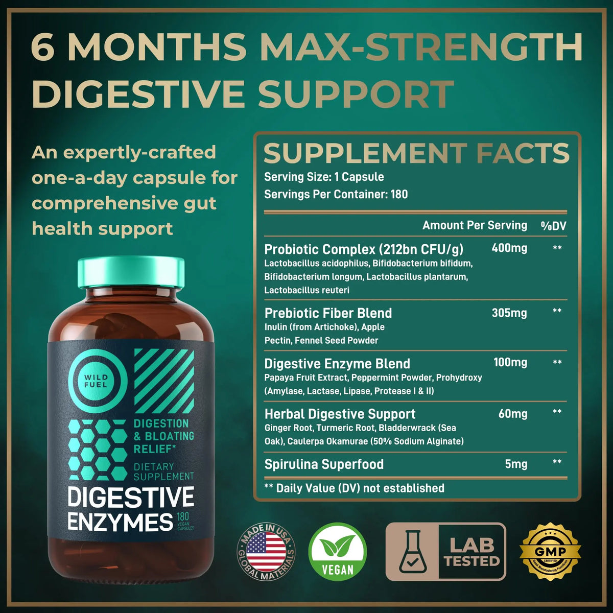 Complete Digestive Enzymes for Women & Men - 800mg Vegan Digestive Enzymes and Probiotics Prebiotics - Bloating Support, Gut Health & Digestion Supplement WILD FUEL
