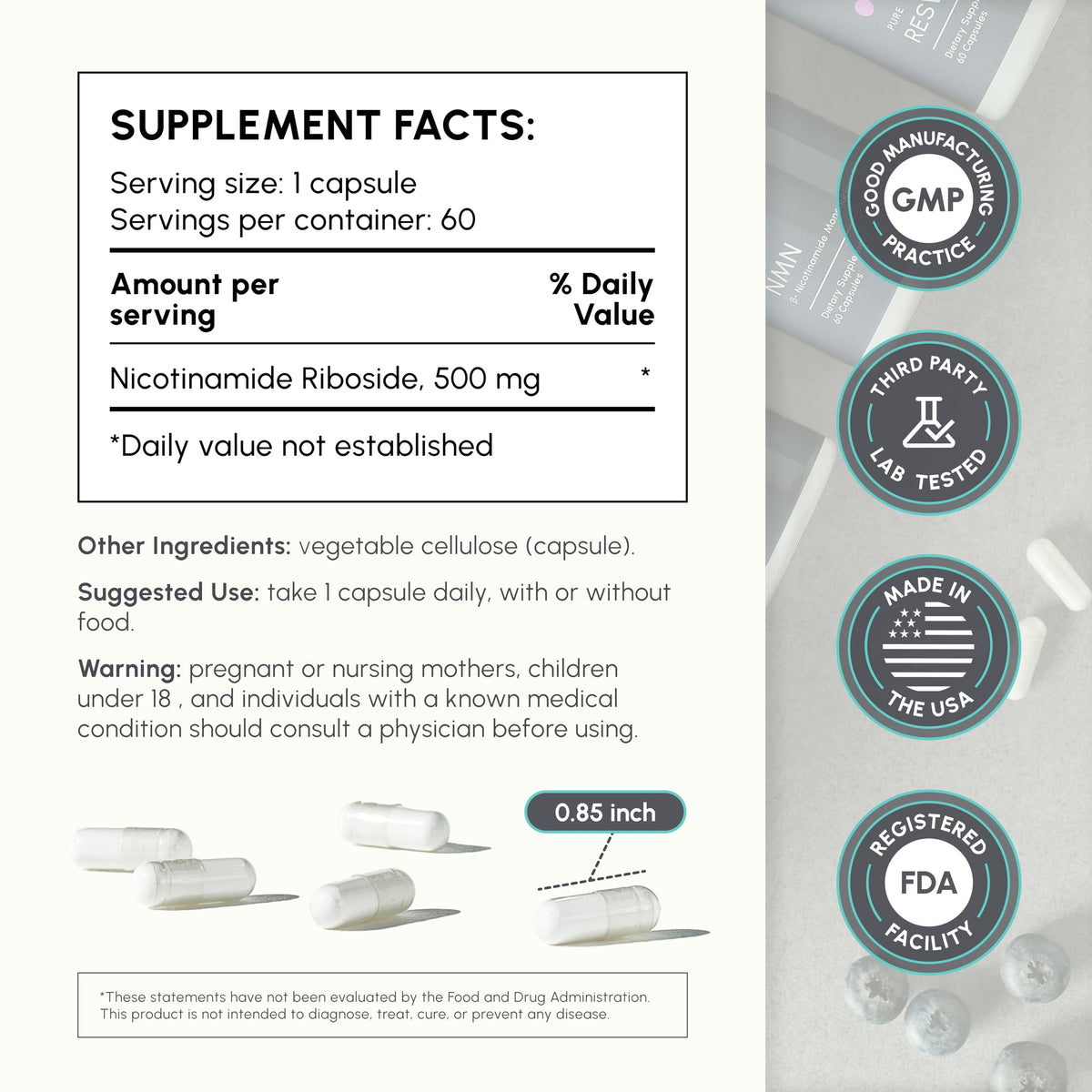 partiQlar NR Supplement - High Purity Nicotinamide Riboside Capsules - NAD+ Booster for Anti-Aging, Cellular Energy & Repair partiQlar