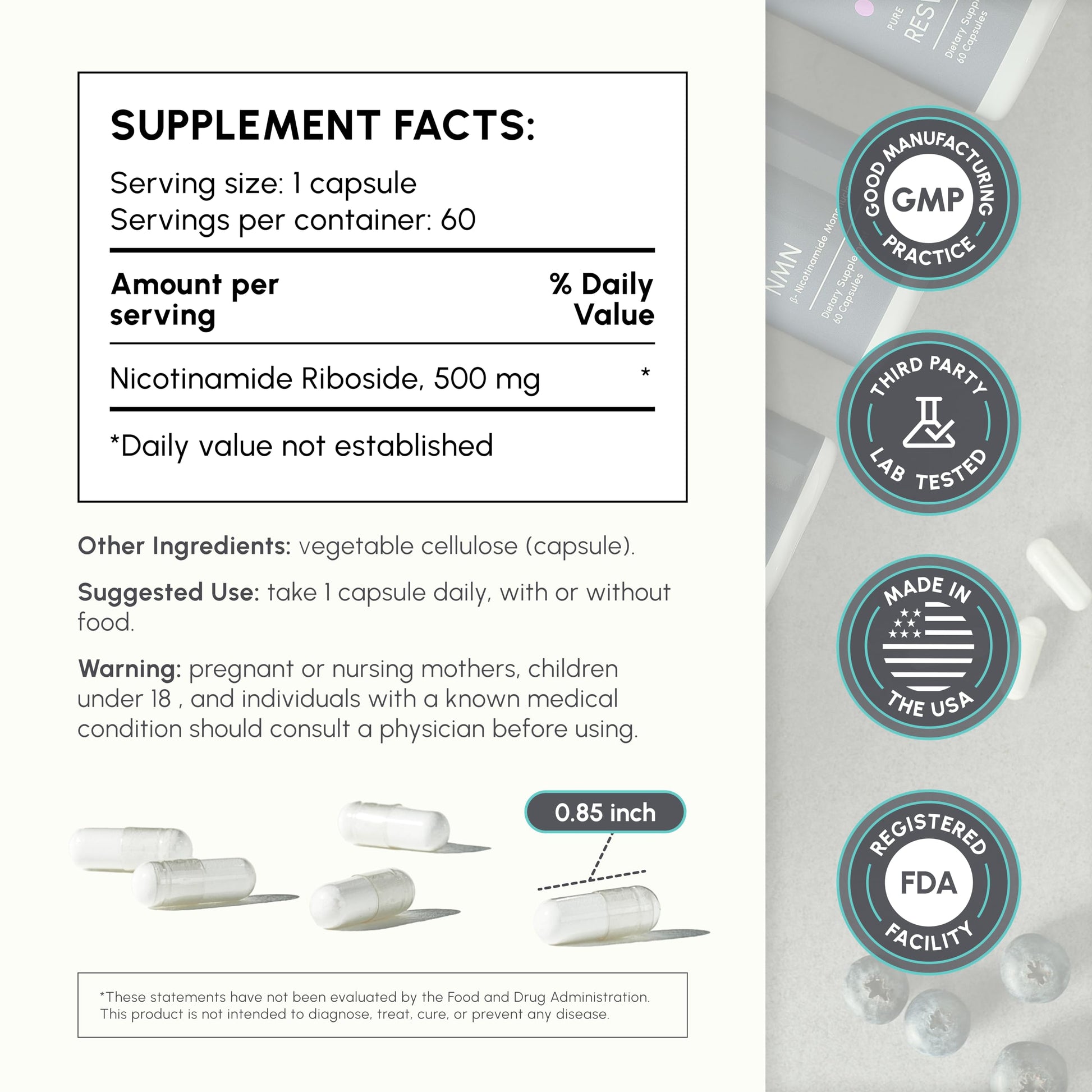 partiQlar Nicotinamide Riboside (NR) 500mg – NR Supplement for Cellular Health, Anti-Aging, Energy & Metabolism Support – 2-Month Supply (60 Capsules) partiQlar buy australia supplements