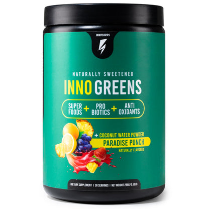 Inno Greens | 28+ Organic Greens & Superfoods | Advanced Prebiotics + Probiotics | Super Antioxidant + Hydration | Spirulina, Chlorella, Ashwagandha | Natural | 30 Servings (Strawberry Banana)