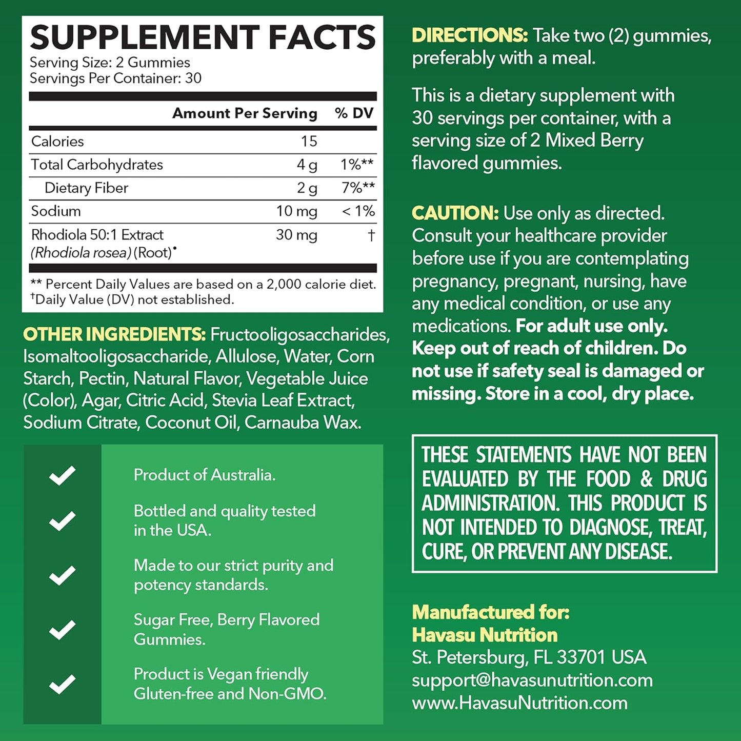 Rhodiola Rosea Gummies, Sugar Free Rhodiola Supplement, 30 Servings | Herbal Adaptogen for Mental Clarity and Performance, 60 Count, Vegan and Gluten-Free, Mixed Berry Flavor, 1-Month Supply Gsupps Australia