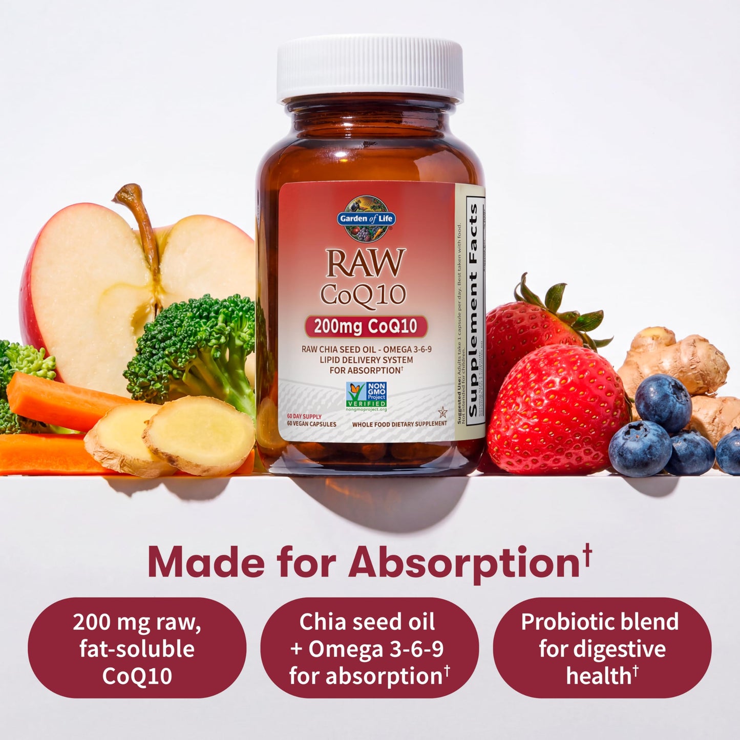 Garden of Life CoQ10 200mg, Vegetarian Omega 3 6 9 Supplement Raw Co Q 10 Chia Seed Oil, Whole Food Nutrition with Antioxidant Support Garden of Life