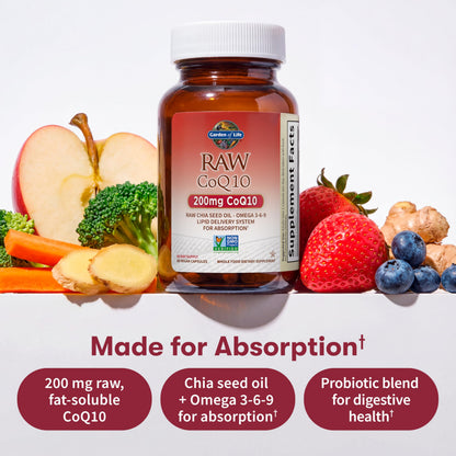 Garden of Life CoQ10 200mg, Vegetarian Omega 3 6 9 Supplement Raw Co Q 10 Chia Seed Oil, Whole Food Nutrition with Antioxidant Support Garden of Life