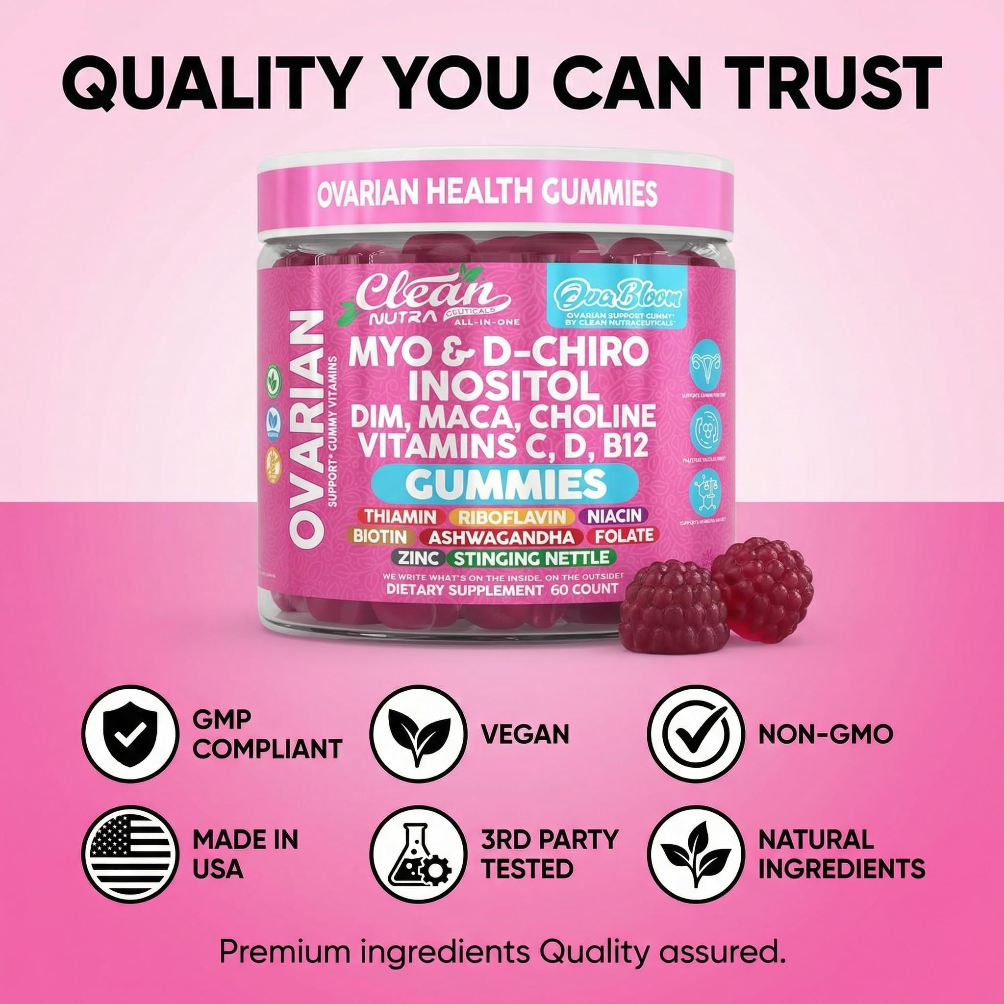 OVA Bloom Ovarian Support Gummies Myo Inositol D-Chiro Inositol Choline Flax Biotin Riboflavin Thiamin Niacin Ashwagandha DIM Maca Root Vitamin C D3 B12 Zinc 60 Count By Clean Nutra Clean Nutraceuticals buy australia supplements