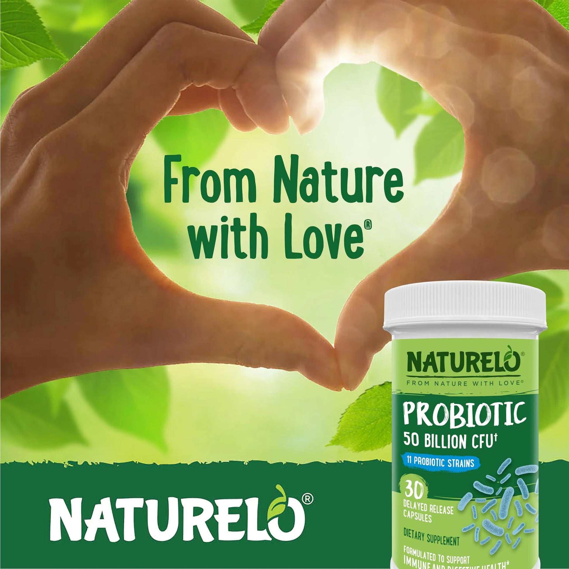 NATURELO Probiotics for Digestive Health, 50 Billion CFU, 30 Vegetarian Capsules, 11 Strains, Daily Use Supplement, Delayed Release, No-Fridge, Helps Boost Immune System, NATURELO