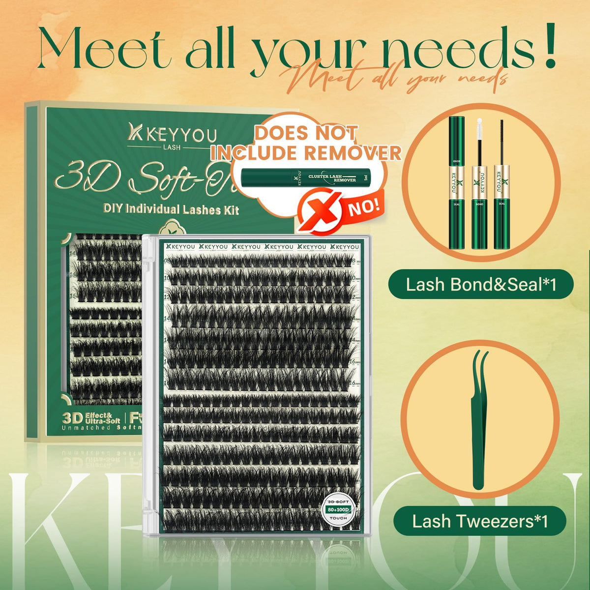 KEYYOU 3D Volume Lash Clusters Kit 80D100D with Tools DIY at Home KEYYOU