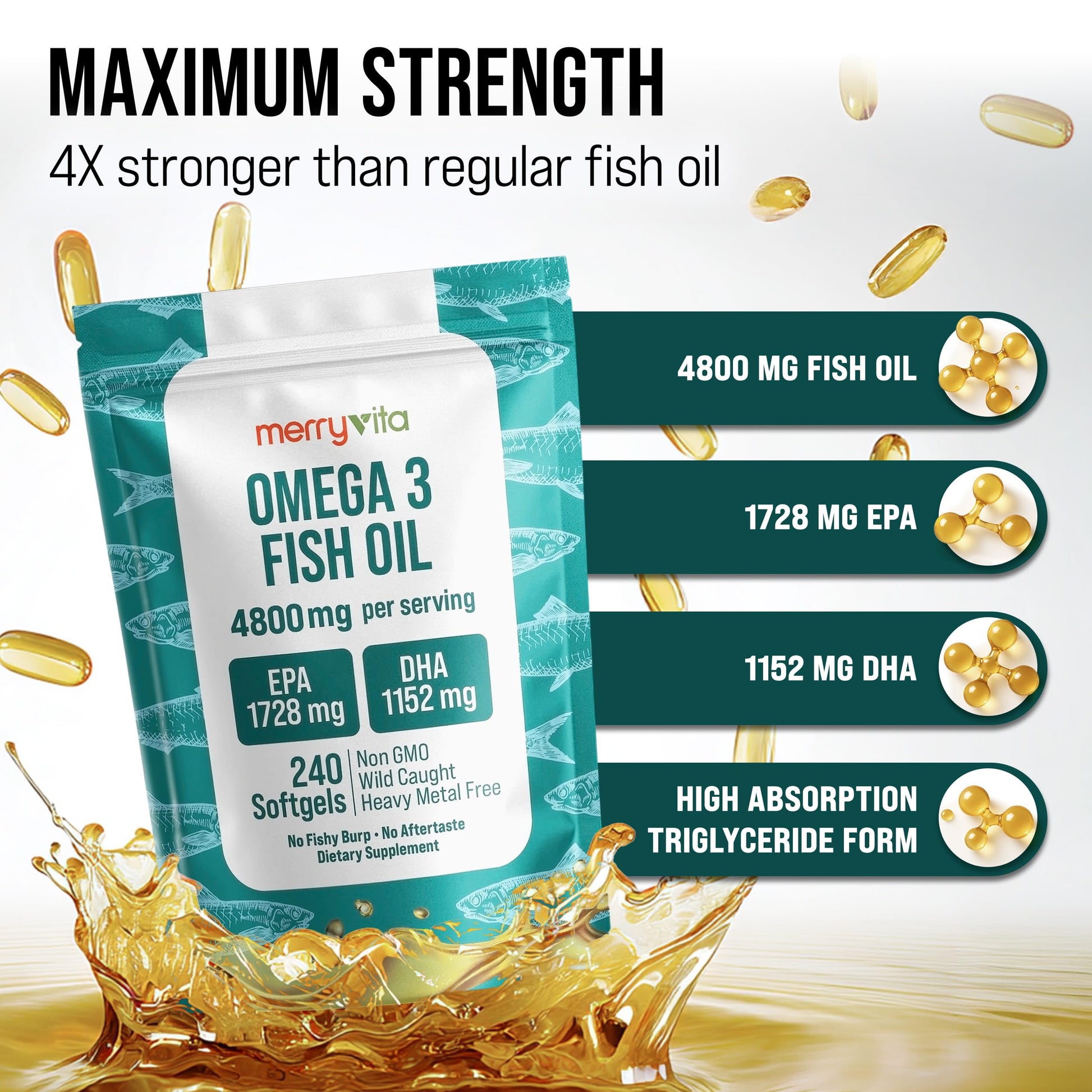 Omega 3 Fish Oil 4800 mg – EPA 1728 mg | DHA 1152 mg from Wild-Caught Anchovies – Burpless Mini Softgels – Pure Omega-3 Fatty Acid Supplement – Non-GMO, Gluten-Free, No Aftertaste – 240 Capsules MERRY VITA buy australia supplements