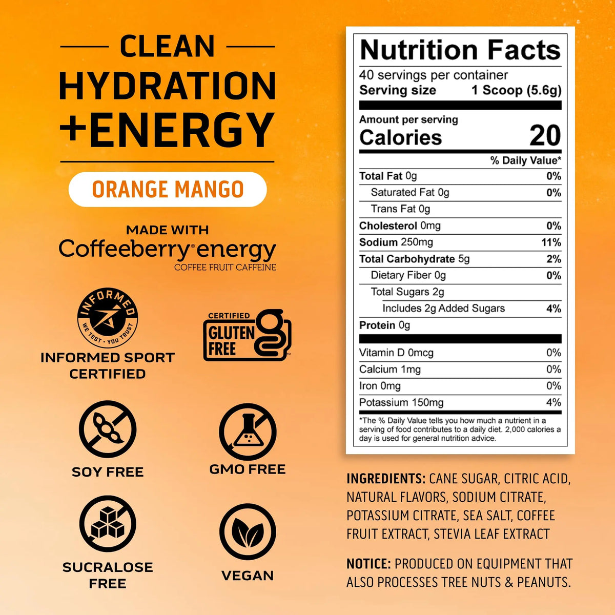Ascent Clean Hydration + Energy Electrolytes Powder - 100mg Caffeine, 400mg Electrolytes, No Artificial Ingredients, Orange Mango 40 Servings Ascent