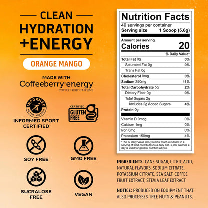 Ascent Clean Hydration + Energy Electrolytes Powder - 100mg Caffeine, 400mg Electrolytes, No Artificial Ingredients, Orange Mango 40 Servings Ascent