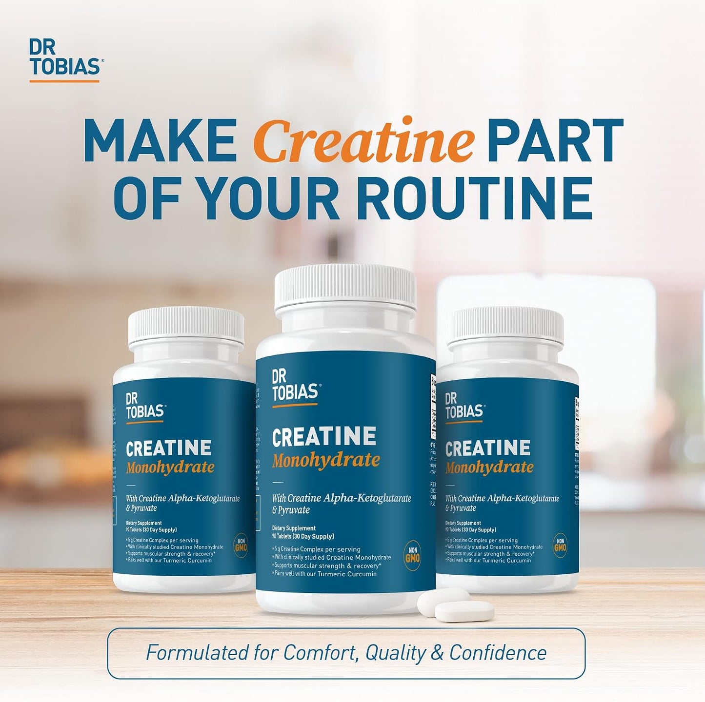 Dr. Tobias Creatine Monohydrate Pills | 5g Complex with Creatine Alpha-Ketoglutarate & Pyruvate | Muscle Strength, Energy & Recovery | 90 Tablets