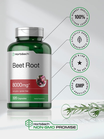 Horbäach Beet Root Powder Capsules | 320 Pills | Non-GMO, Gluten Free Formula | High Potency Herbal Extract Supplement Horbäach
