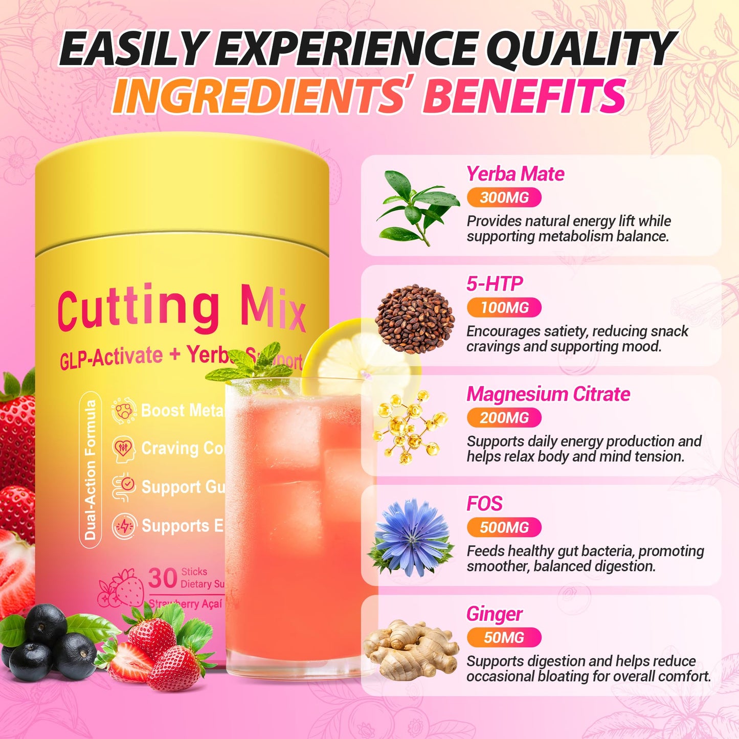 Yooloks Cutting Drink Mix –  5-HTP, Yerba Mate & Magnesium, FOS | Supports Satiety Signaling, Energy & Gut Health Yooloks