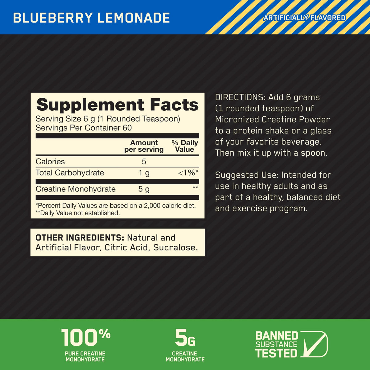 Optimum Nutrition Micronized Creatine Monohydrate Powder, Blueberry Lemonade Creatine, 60 Servings, 360 Grams (Packaging May Vary) Optimum Nutrition
