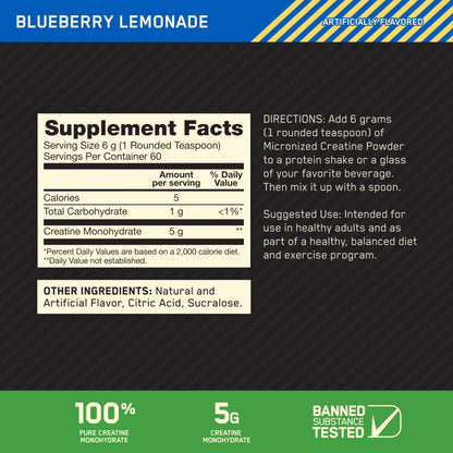 Optimum Nutrition Micronized Creatine Monohydrate Powder, Blueberry Lemonade Creatine, 60 Servings, 360 Grams (Packaging May Vary) Optimum Nutrition