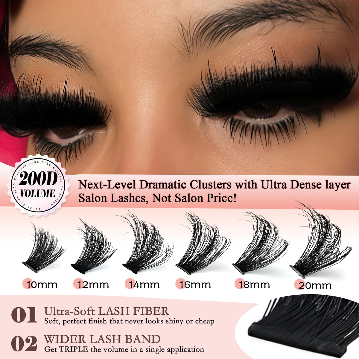 Lash Clusters 10-20mm Thick 200D Cluster Eyelash Extensions 224 Pcs D Curly Volume Eyelash Clusters 3D Mega Long Lash Clusters False Eyelashes DIY at Home, by Anforlin Anforlin