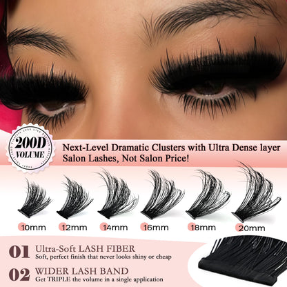Lash Clusters 10-20mm Thick 200D Cluster Eyelash Extensions 224 Pcs D Curly Volume Eyelash Clusters 3D Mega Long Lash Clusters False Eyelashes DIY at Home, by Anforlin Anforlin