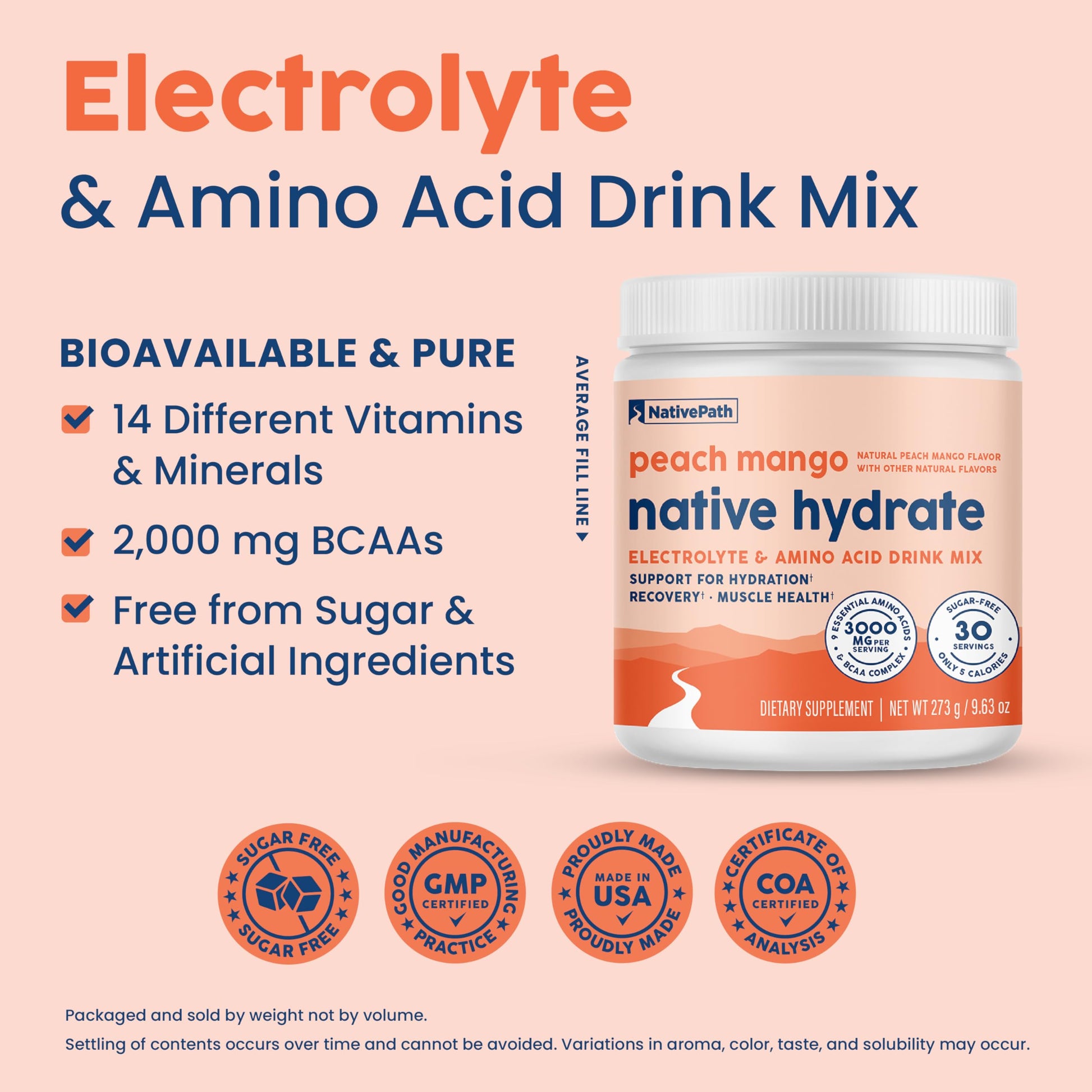 NativePath Hydrate, Zero Sugar, Electrolytes Powder with BCAAs, Peach Mango Hydration, Keto & Paleo Friendly, 30 Servings NativePath buy australia supplements