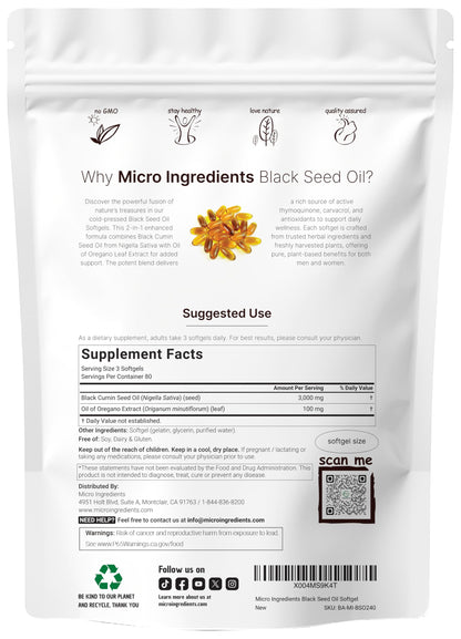 Micro Ingredients Black Seed Oil Softgels, 3,000mg, 240 Count | 2-in-1 Formula with Oil of Oregano, Carvacrol & Thymoquinone | Micro Ingredients