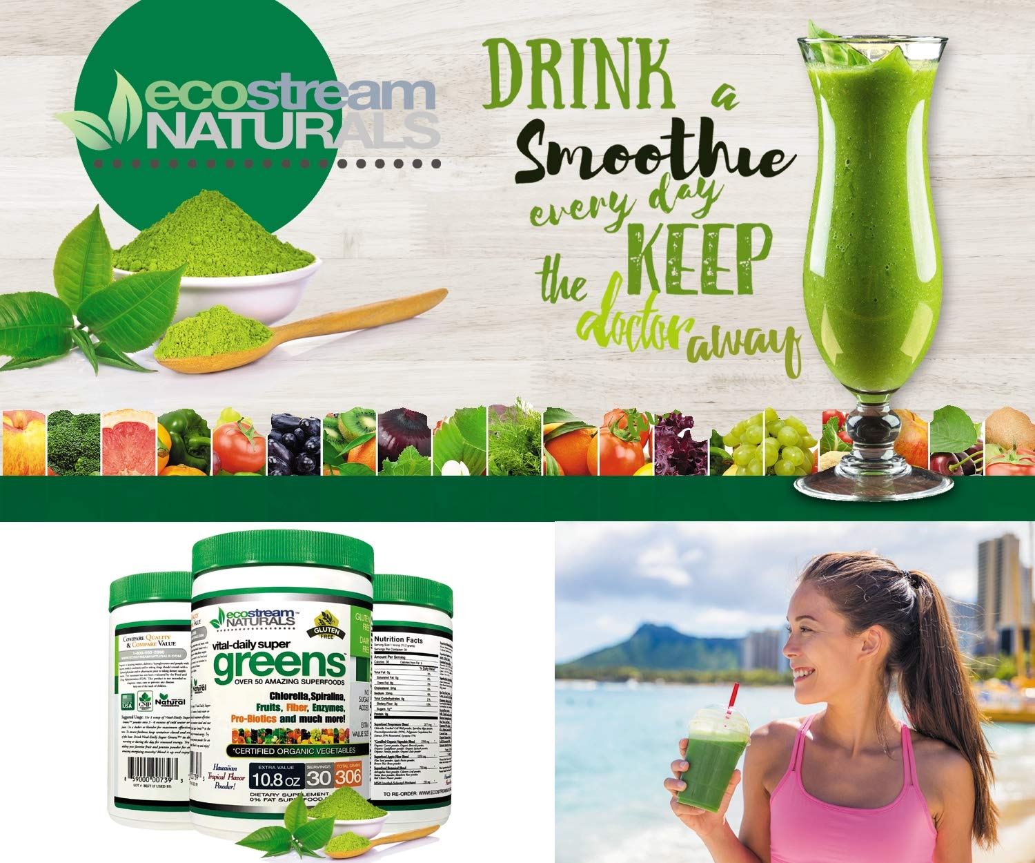 ecostream Naturals Vital First Daily Greens Superfood Powder 50 Whole Super Foods with Spirulina, Chlorella, Flax Seed, Fiber and Enzymes with Organic Greens - 30 Servings ecostream Naturals buy australia supplements