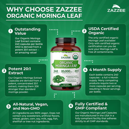 Zazzee USDA Organic Moringa Leaf 20:1 Extract, 180 Vegan Capsules | 3 Month Supply, Certified Kosher, Moringa Oleifera, Antioxidant, Immune & Cellular Support, Superfood Supplement, Made in USA Gsupps Australia