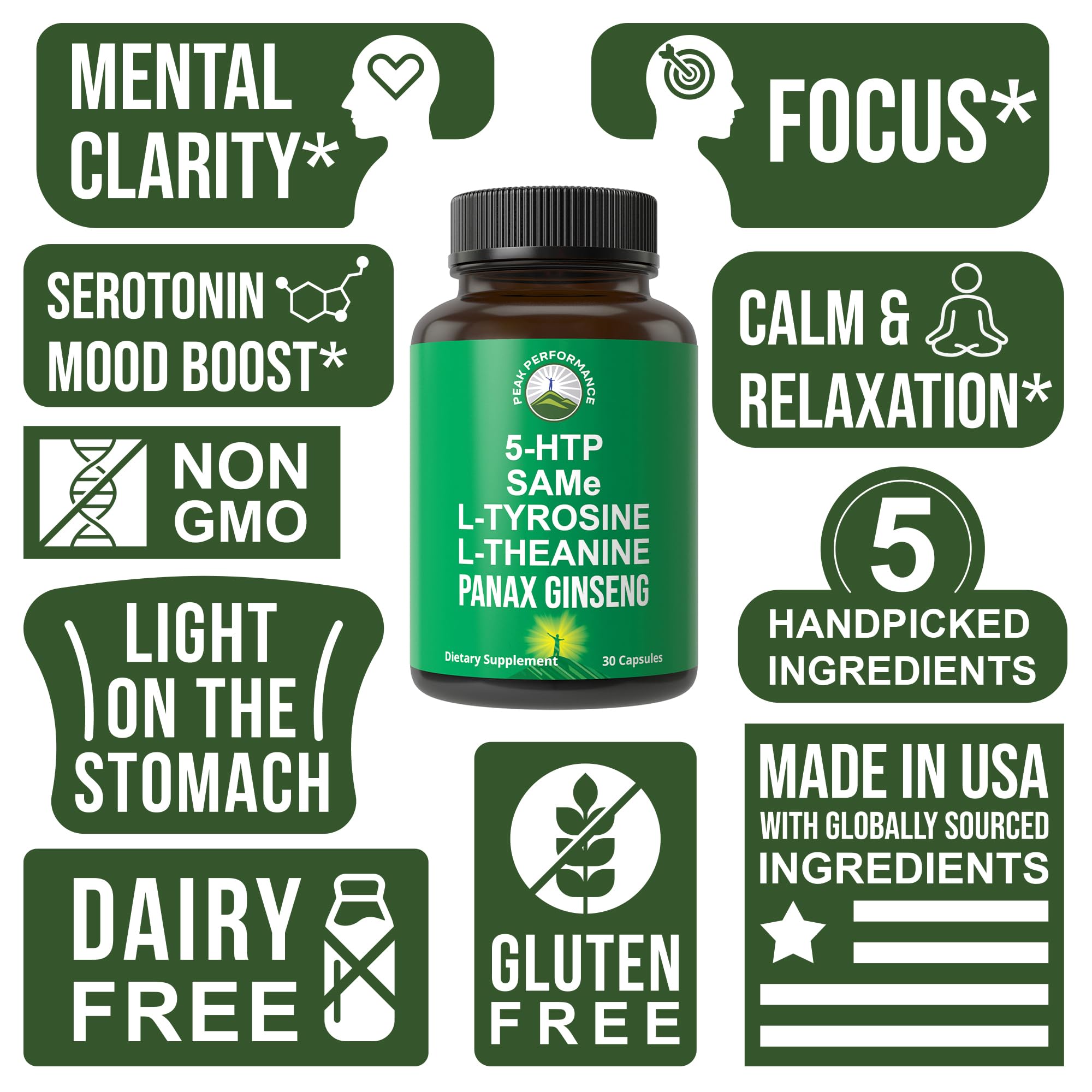 Peak Performance Mood Support Supplement with 5 Top Ingredients: 5HTP, SAM e, L Tyrosine, L Theanine, and Panax Ginseng. Calm, Focus, Relaxation Supplements. Vegan Peak Performance buy australia supplements