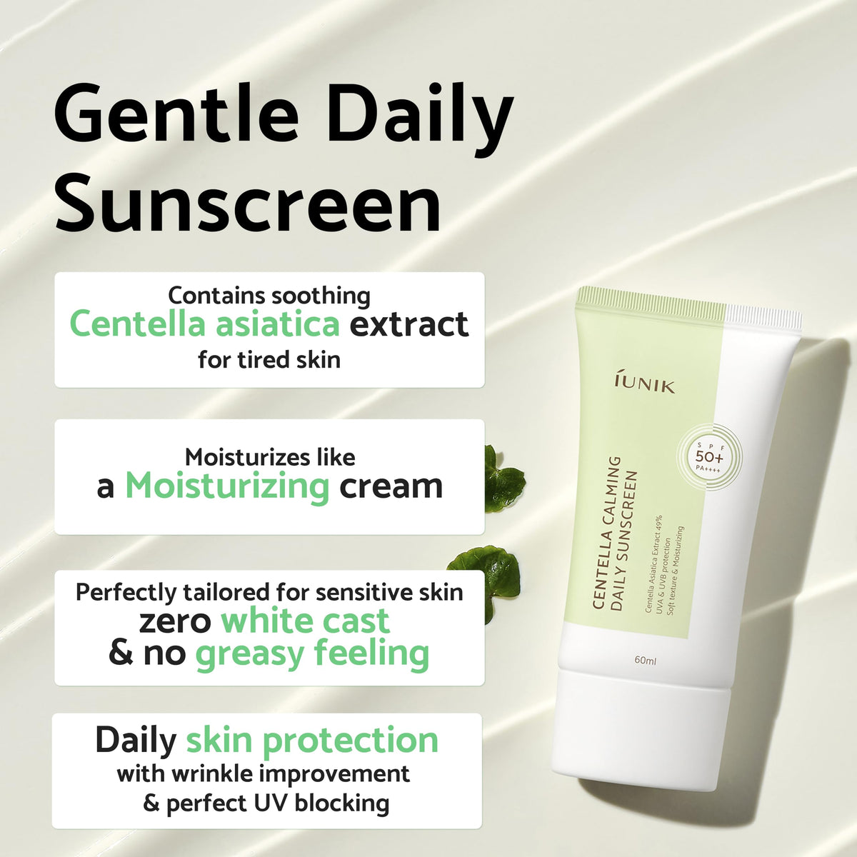 IUNIK Centella Calming Moisture Daily Sunscreen SPF 50+ PA++++ Matte & No White Cast Centella Asiatica Dry Oily Sensitive Vegan Korean Skincare IUNIK