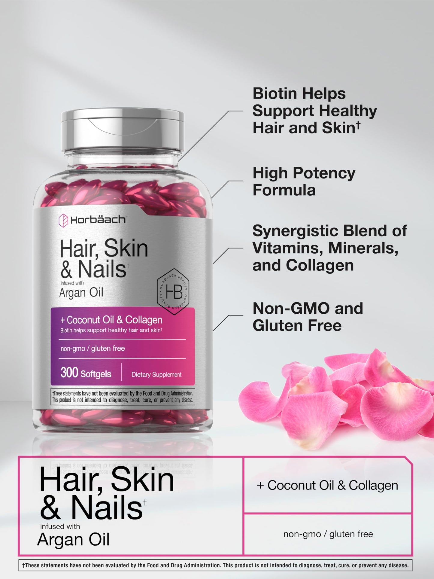 Horbäach Hair Skin and Nails Vitamins | 300 Softgels | with Biotin and Collagen | Infused with Argan Oil and Coconut Oil Horbäach