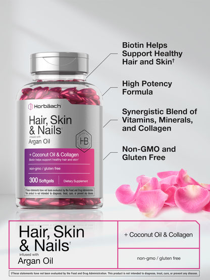 Horbäach Hair Skin and Nails Vitamins | 300 Softgels | with Biotin and Collagen | Infused with Argan Oil and Coconut Oil Horbäach