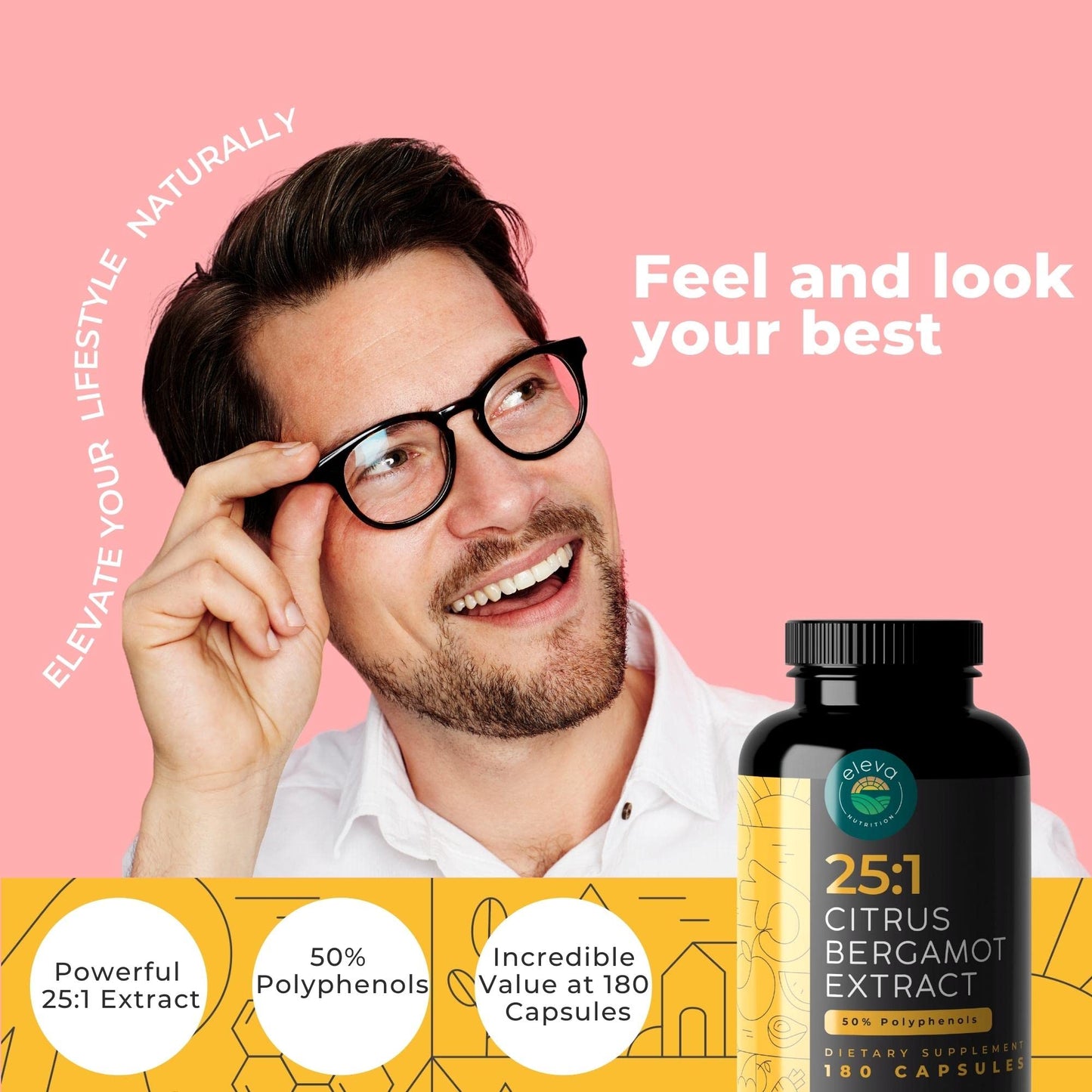 Citrus Bergamot Extract 1000mg Capsules — Natural 25:1 Citrus Bergamot Supplement with 50% Polyphenols Extract and Black Pepper Eleva Nutrition