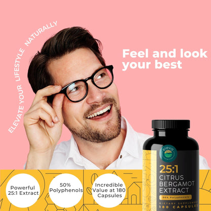 Citrus Bergamot Extract 1000mg Capsules — Natural 25:1 Citrus Bergamot Supplement with 50% Polyphenols Extract and Black Pepper Eleva Nutrition