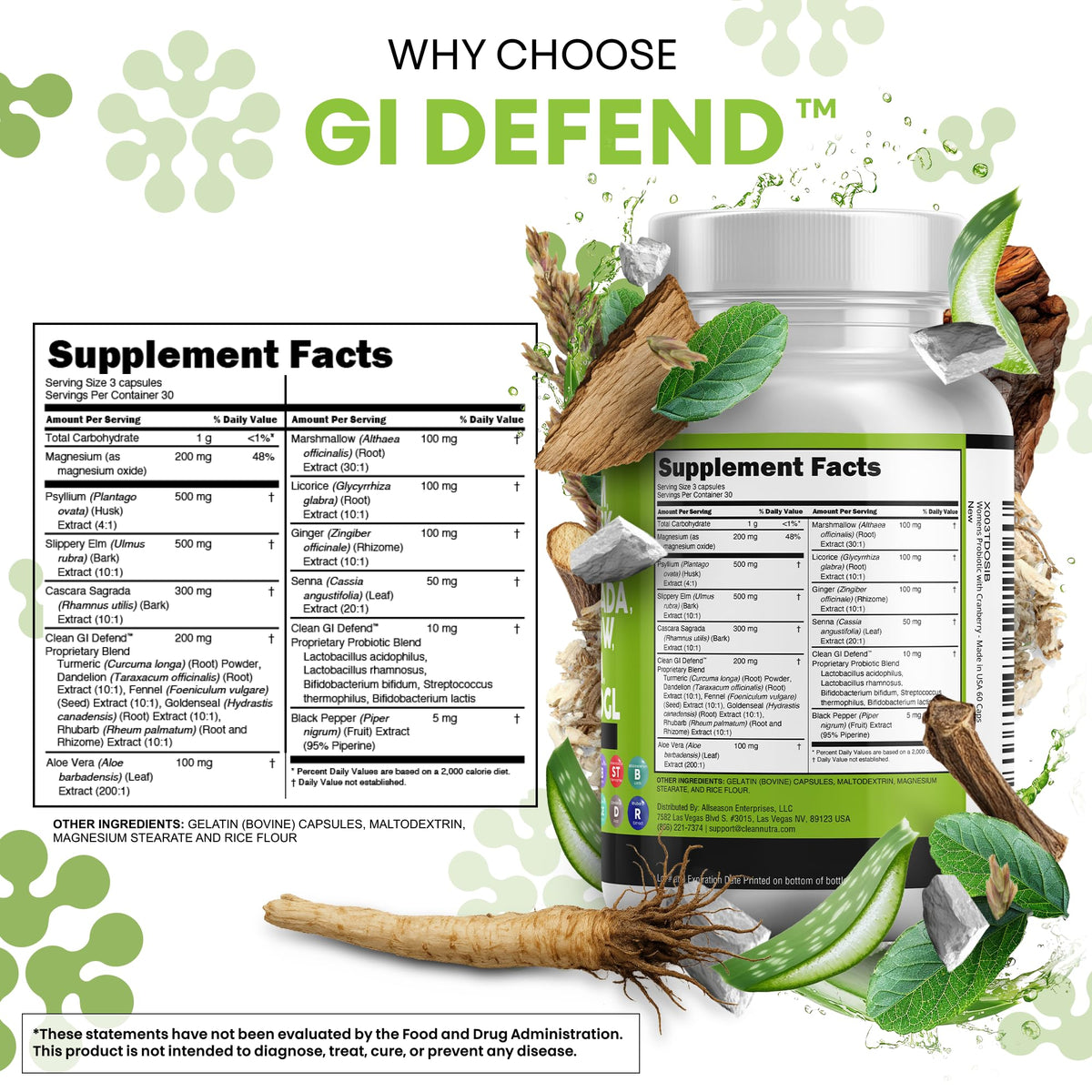 Clean Nutraceuticals Slippery Elm Psyllium Husk Pre Probiotic Digestive Gut Health Supplement with Aloe Vera Cascara Sagrada Clean Nutraceuticals
