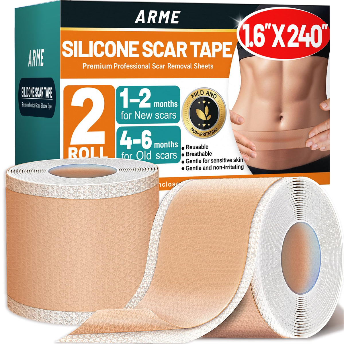 Arme Silicone Scar Tape, Silicone Scar Sheets (2 Rolls- 1.6" x 240"/6M) Arme
