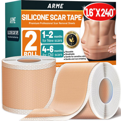 Arme Silicone Scar Tape, Silicone Scar Sheets (2 Rolls- 1.6" x 240"/6M) Arme