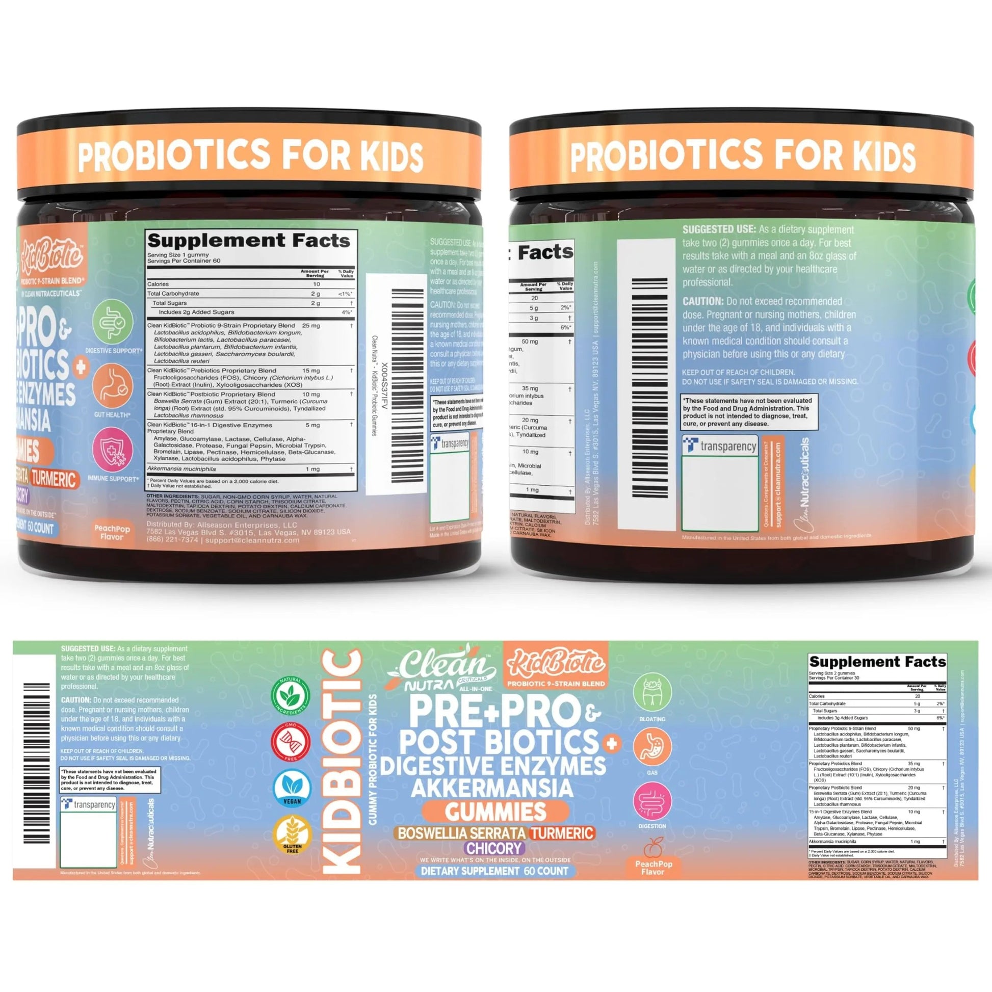 Clean Nutra Kids Probiotics Gummies with Prebiotics, Postbiotics, Digestive Enzymes, Akkermansia, Boswellia Serrata, Turmeric, Chicory – 60 Count – Plant-Based Supplement for Kids – PeachPop Flavor Clean Nutraceuticals buy australia supplements