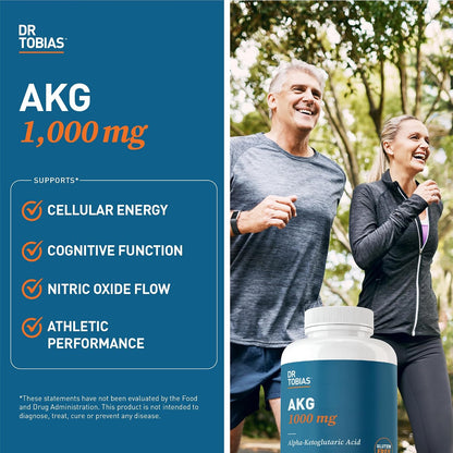 Dr. Tobias AKG Supplement 1000mg Bioavailable Alpha Ketoglutaric Acid | Cellular Energy & Nitric Oxide Flow | Vegan, Gluten-Free, Non-GMO | 180 Capsules 90 Servings