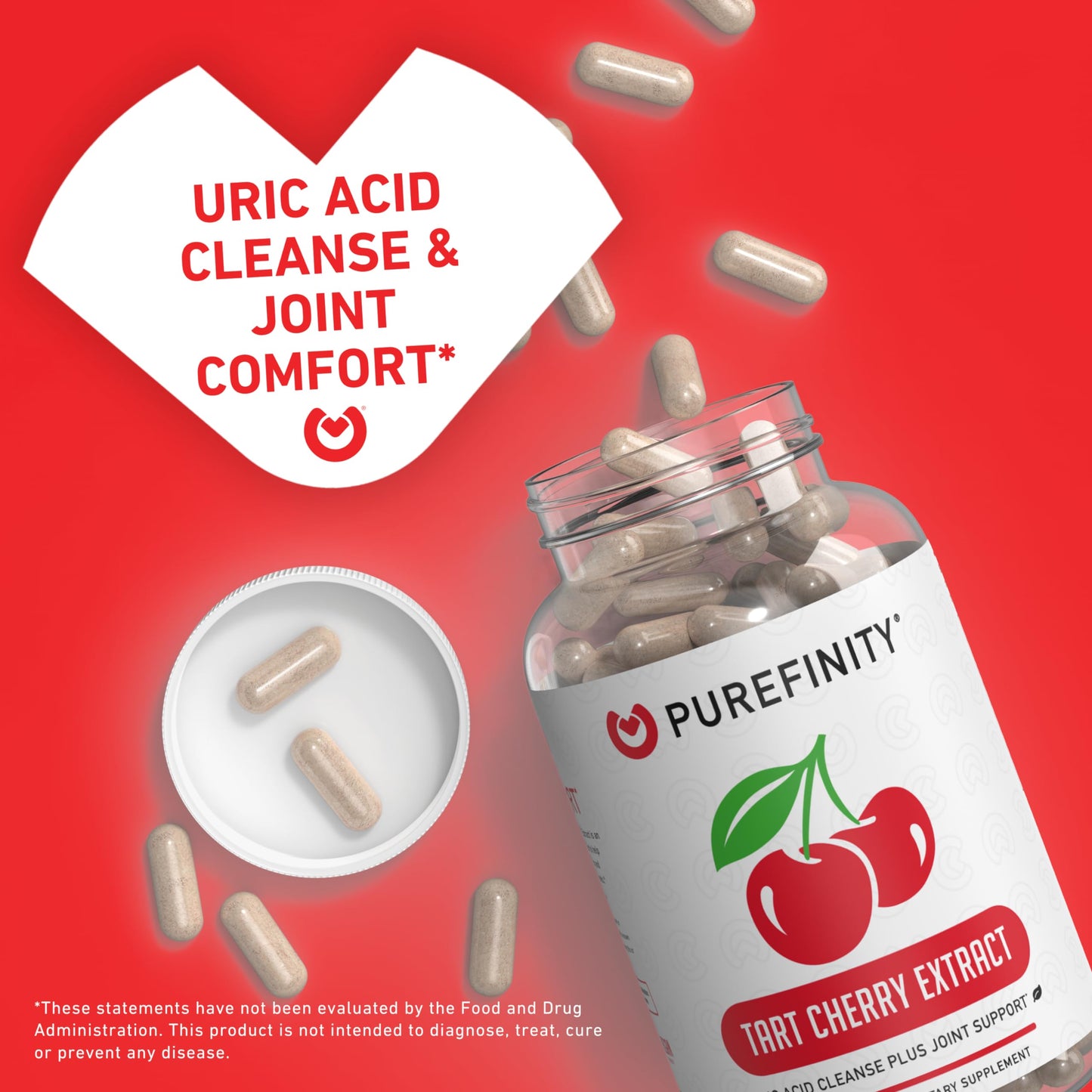 PUREFINITY Tart Cherry Capsules – Uric Acid Flush & Cleanse to Support Joint & Muscle Comfort with Raw Tart Cherry Extract, Non-GMO, Gluten Free, Vegan – 180 Count (6 Month Supply)