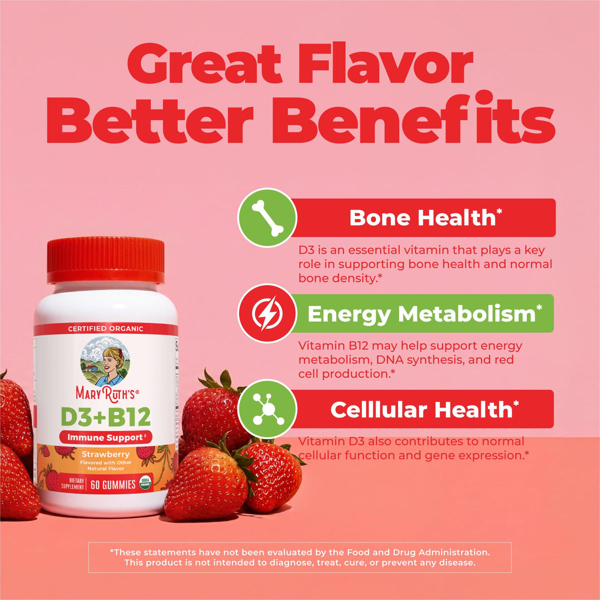 MARYRUTH'S Organic Vitamin D3 + B12 Gummies for Ages 4+ | Bone Health | Immune Support | Energy Metabolism | Cognitive Function | Vegan | Non-GMO MARYRUTH'S