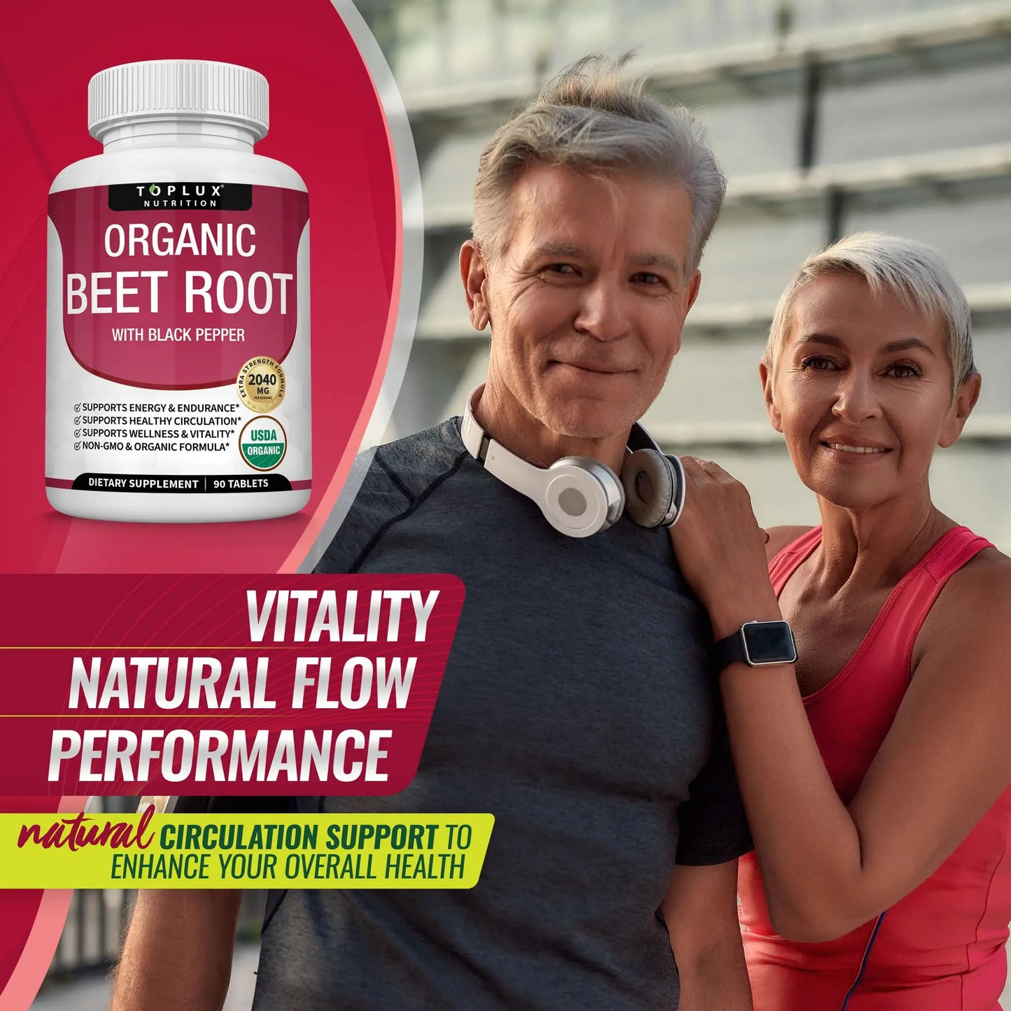 Toplux Organic Beet Root Powder Tablets - 2040mg Natural Nitric Oxide Beets to Support, Energy, Black Pepper Better Absorption, Non-GMO, for Men Women, 90 Tablets Toplux