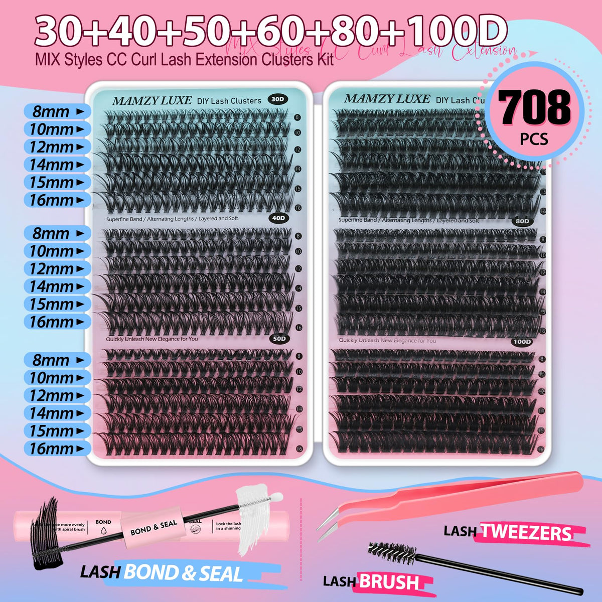 Lash Clusters Kit 708Pcs Individual Cluster Lash Extensions Kit 30D+40D+50D+60D+80D+100D Wispy Eyelash Clusters with Lash Bond and Seal and Tweezers 10-16mm 6 Styles Mix Lashes Clusters Kit Mamzy Luxe